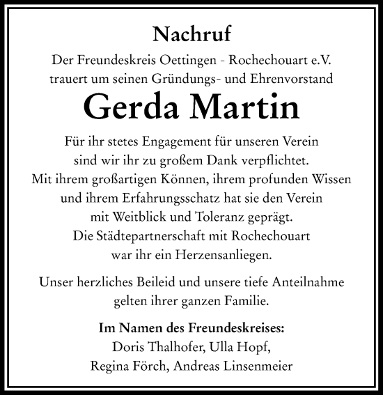 Traueranzeige von Gerda Martin von Rieser Nachrichten