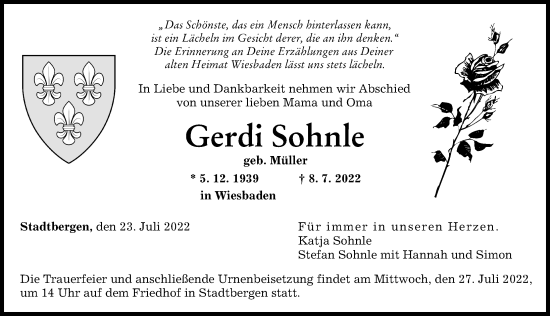 Traueranzeige von Gerdi Sohnle von Augsburger Allgemeine