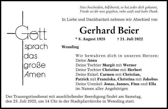 Traueranzeige von Gerhard Beier von Donauwörther Zeitung