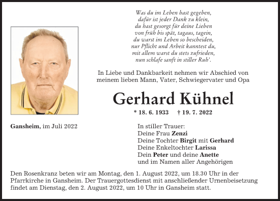 Traueranzeige von Gerhard Kühnel von Donauwörther Zeitung