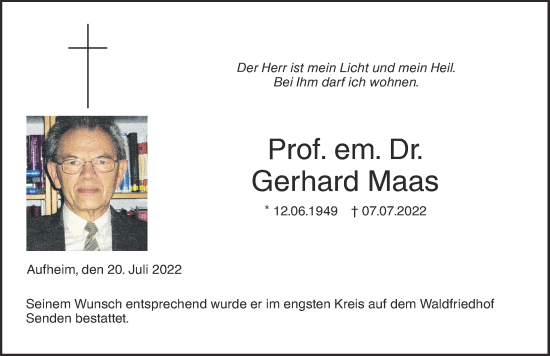 Traueranzeige von Gerhard Maas von Augsburger Allgemeine, Neu-Ulmer Zeitung