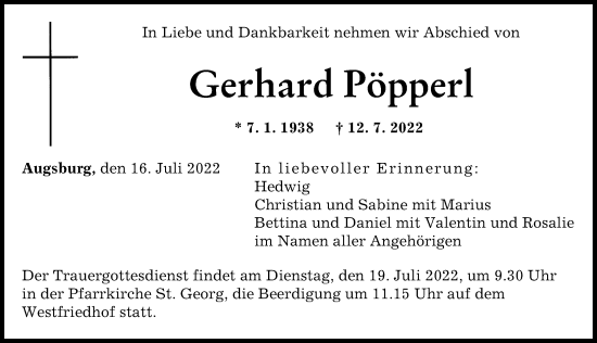 Traueranzeige von Gerhard Pöpperl von Augsburger Allgemeine