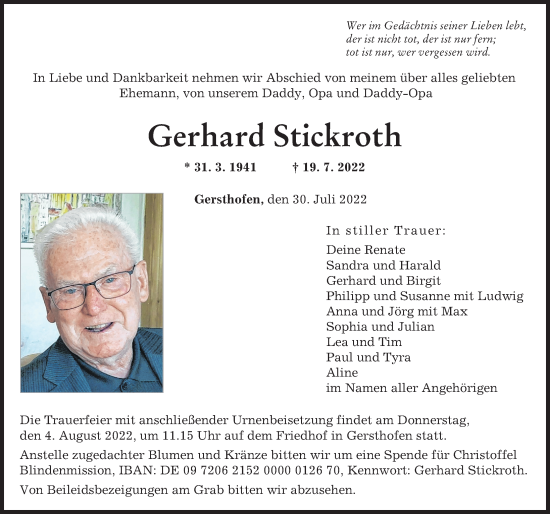 Traueranzeige von Gerhard Stickroth von Augsburger Allgemeine