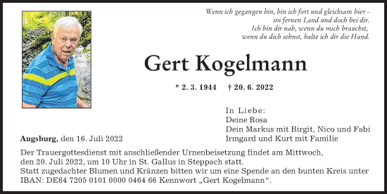 Traueranzeige von Gert Kogelmann von Augsburger Allgemeine