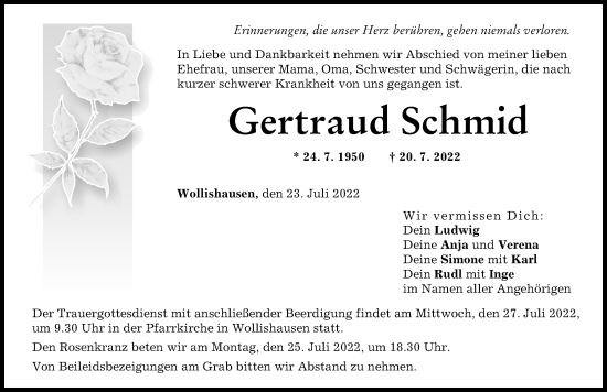 Traueranzeige von Gertraud Schmid von Augsburg-Land