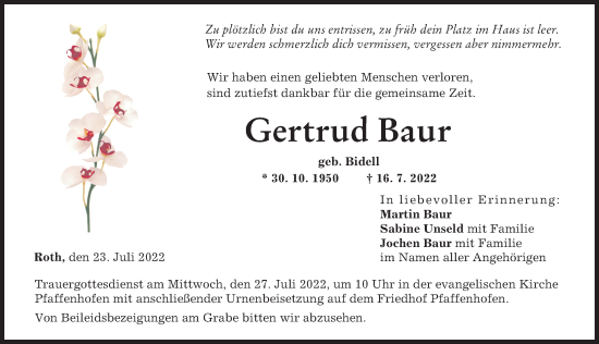 Traueranzeige von Gertrud Baur von Neu-Ulmer Zeitung