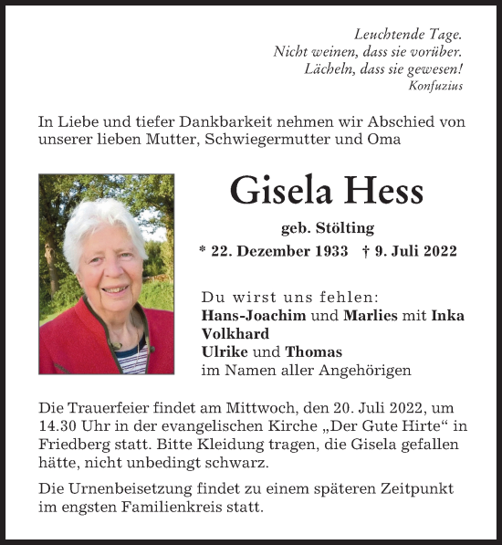 Traueranzeige von Gisela Hess von Friedberger Allgemeine