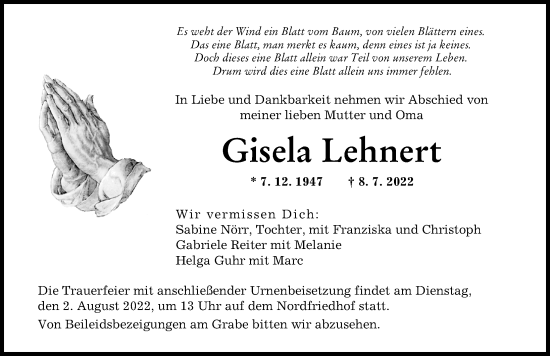 Traueranzeige von Gisela Lehnert von Augsburger Allgemeine