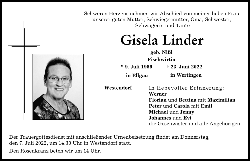  Traueranzeige für Gisela Linder vom 02.07.2022 aus Donauwörther Zeitung, Augsburg-Land
