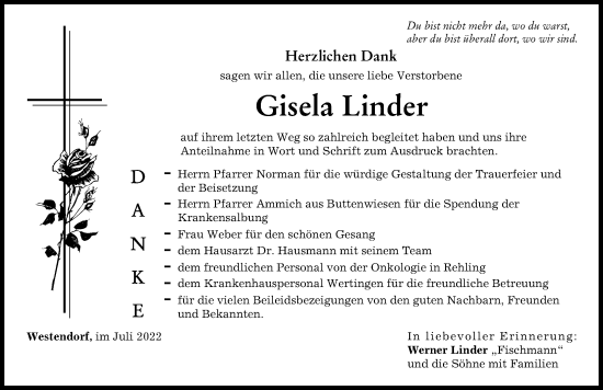 Traueranzeige von Gisela Linder von Donauwörther Zeitung, Wertinger Zeitung, Augsburg-Land