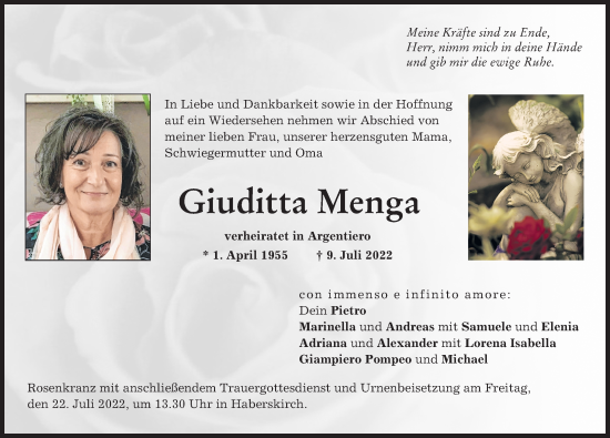 Traueranzeige von Giuditta Menga von Friedberger Allgemeine