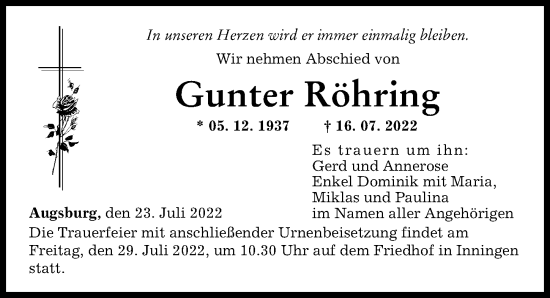 Traueranzeige von Gunter Röhring von Augsburger Allgemeine