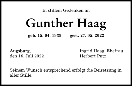 Traueranzeige von Gunther Haag von Augsburger Allgemeine