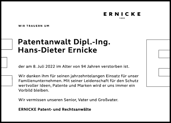 Traueranzeige von Hans-Dieter Ernicke von Augsburger Allgemeine