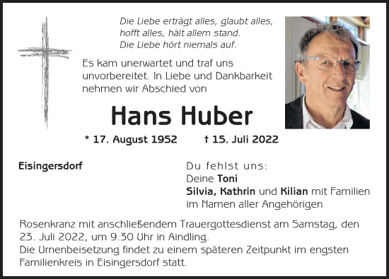 Traueranzeige von Hans Huber von Augsburger Allgemeine, Aichacher Nachrichten