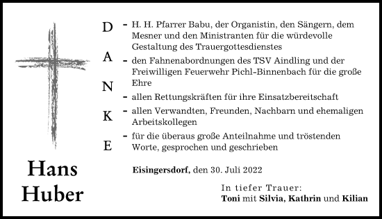 Traueranzeige von Hans Huber von Aichacher Nachrichten, Augsburger Allgemeine