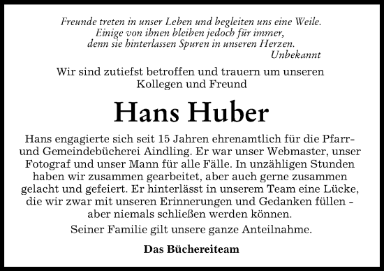 Traueranzeige von Hans Huber von Aichacher Nachrichten