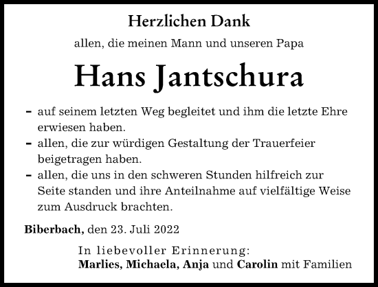 Traueranzeige von Hans Jantschura von Friedberger Allgemeine