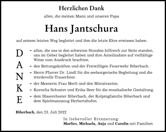 Traueranzeige von Hans Jantschura von Augsburg-Land