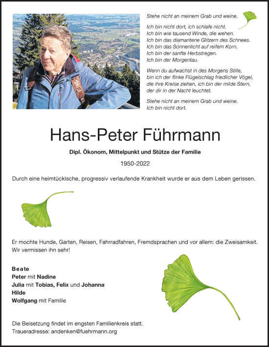 Traueranzeige von Hans-Peter Führmann von Augsburger Allgemeine