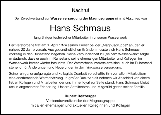 Traueranzeige von Hans Schmaus von Aichacher Nachrichten