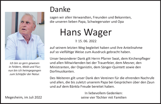 Traueranzeige von Hans Wager von Rieser Nachrichten