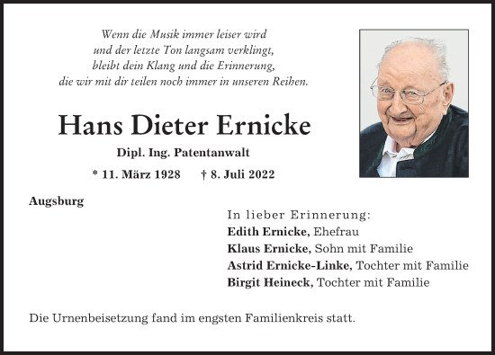 Traueranzeige von Hans Dieter Ernicke von Augsburger Allgemeine