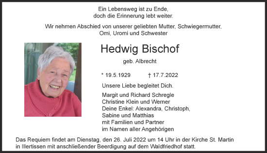 Traueranzeige von Hedwig Bischof von Mittelschwäbische Nachrichten, Illertisser Zeitung