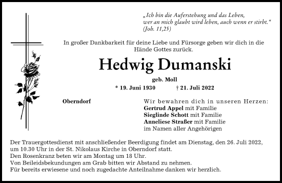Traueranzeige von Hedwig Dumanski von Donauwörther Zeitung