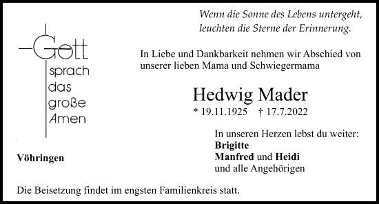 Traueranzeige von Hedwig Mader von Illertisser Zeitung