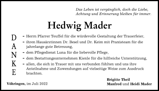 Traueranzeige von Hedwig Mader von Illertisser Zeitung