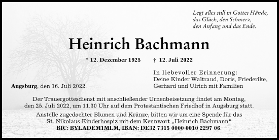 Traueranzeige von Heinrich Bachmann von Augsburger Allgemeine