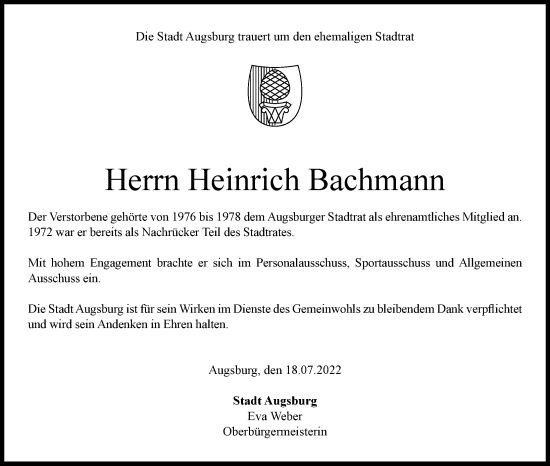 Traueranzeige von Heinrich Bachmann von Augsburger Allgemeine