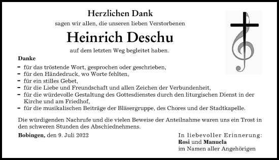 Traueranzeige von Heinrich Deschu von Schwabmünchner Allgemeine, Augsburger Allgemeine