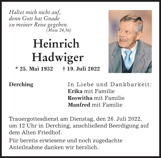 Traueranzeige von Heinrich Hadwiger von Augsburger Allgemeine