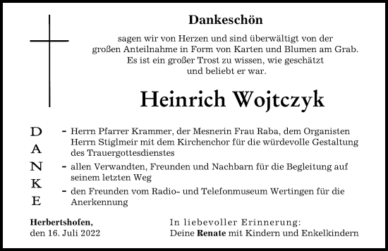 Traueranzeige von Heinrich Wojtczyk von Wertinger Zeitung, Augsburg-Land