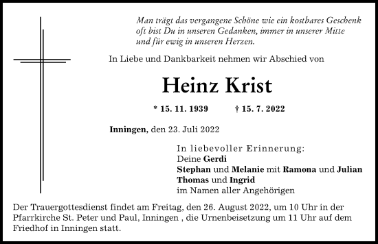 Traueranzeige von Heinz Krist von Augsburger Allgemeine