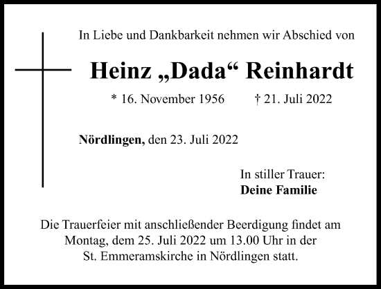 Traueranzeige von Heinz Reinhardt von Rieser Nachrichten