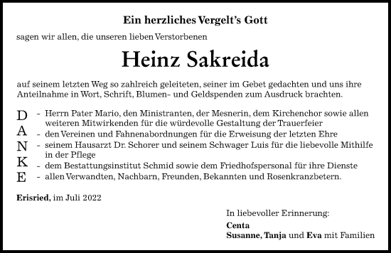 Traueranzeige von Heinz Sakreida von Mindelheimer Zeitung
