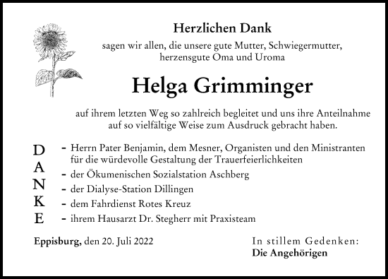 Traueranzeige von Helga Grimminger von Donau Zeitung