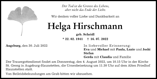 Traueranzeige von Helga Hirschmann von Augsburger Allgemeine