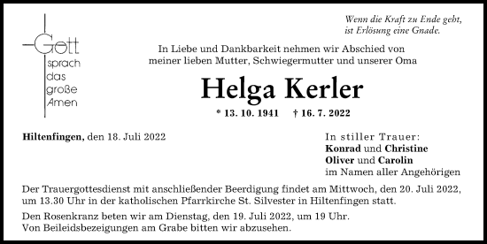 Traueranzeige von Helga Kerler von Schwabmünchner Allgemeine