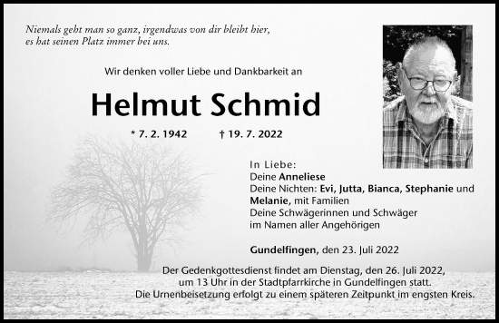 Traueranzeige von Helmut Schmid von Donau Zeitung