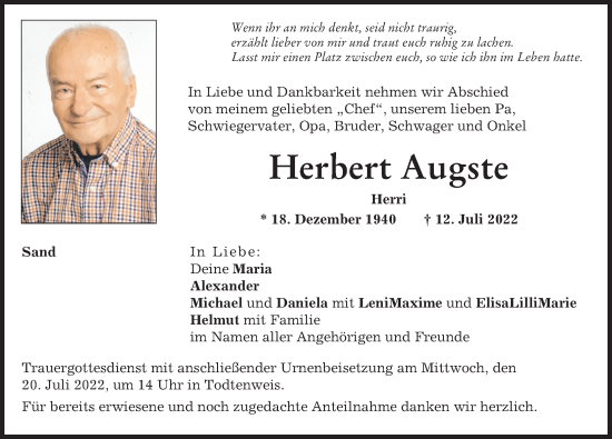 Traueranzeige von Herbert Augste von Aichacher Nachrichten