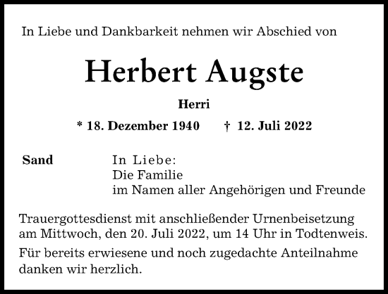 Traueranzeige von Herbert Augste von Augsburger Allgemeine