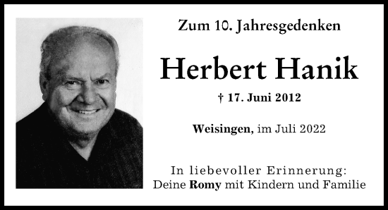 Traueranzeige von Herbert Hanik von Donau Zeitung