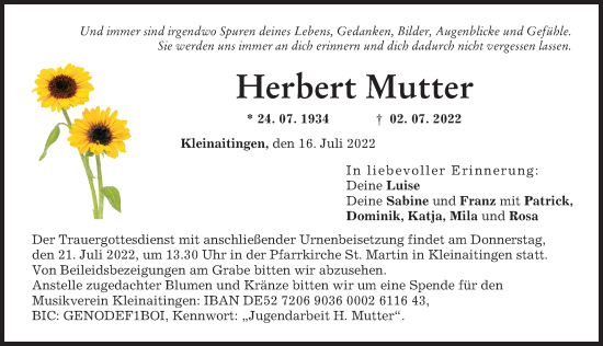 Traueranzeige von Herbert Mutter von Schwabmünchner Allgemeine