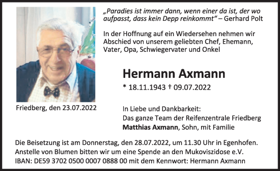 Traueranzeige von Hermann Axmann von Friedberger Allgemeine