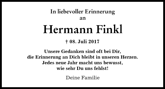 Traueranzeige von Hermann Finkl von Friedberger Allgemeine