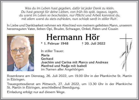 Traueranzeige von Hermann Hör von Mindelheimer Zeitung